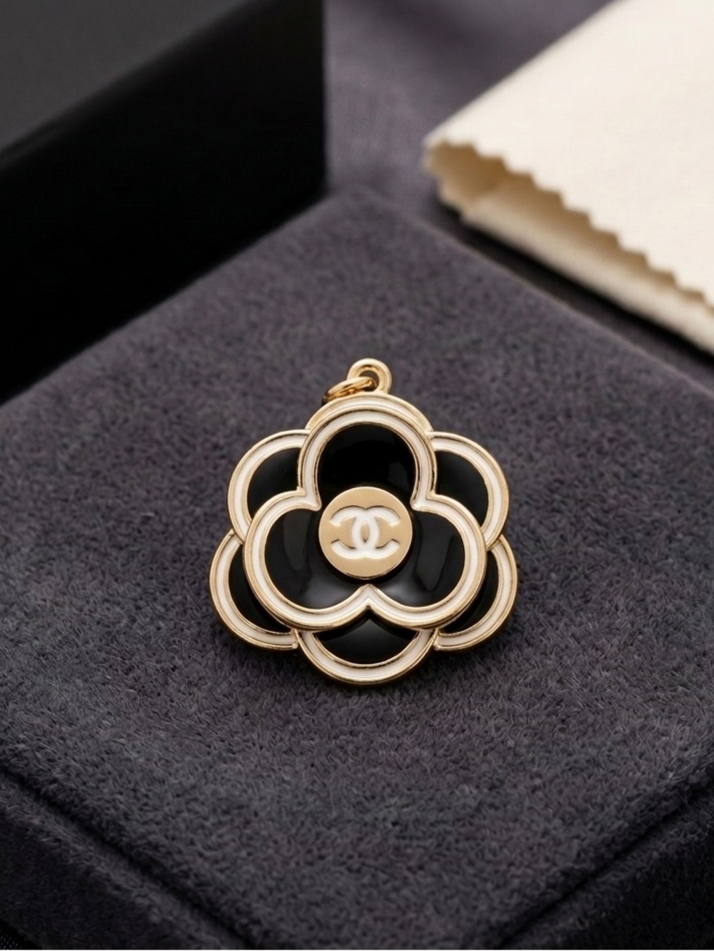 ChaneI Black, White and Gold Camellia Pendant